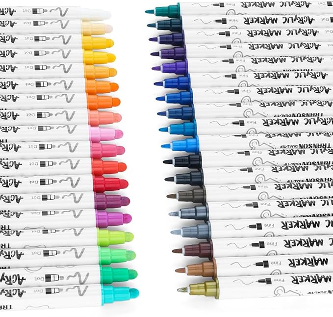 TRANSON 36 Color Bold and Fine Dual-tip Acrylic Paint Pen Set for Canvas Rock Wood Leather Ceramic DIY Painting