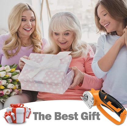 Cordless Electric Scissors, 4V Box Cutter & Cardboard Cutter with 2 Titanium Blades - Rotary Cutter with LED Light for Fabric, Leather, Carpet, Plastic, Crafting + Storage Case (Orange)