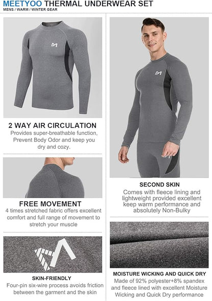 Thermal Underwear for Men, Winter Gear Long Johns Base Layer Top and Bottom Set for Skiing Running