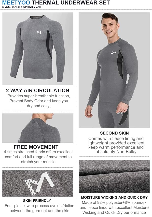 Thermal Underwear for Men, Winter Gear Long Johns Base Layer Top and Bottom Set for Skiing Running