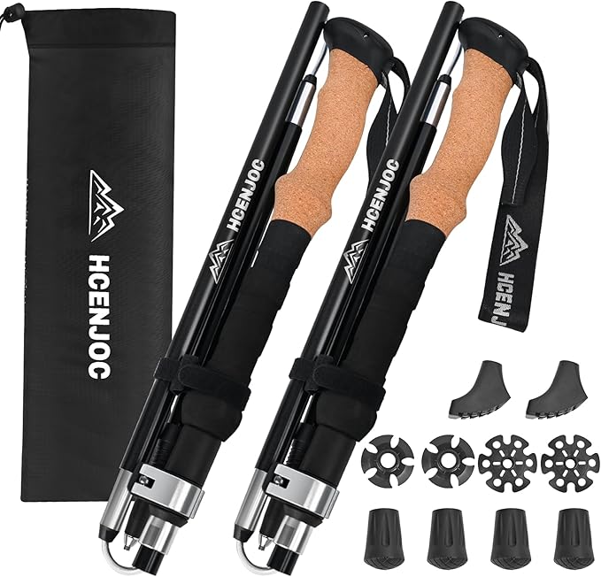 Trekking Poles Set of 2, Collapsible Cork Handle Aluminum Hiking Poles with Quick Lock System, Telescopic, Collapsible, Ultralight for Women Men, Hiking, Camping, Climbing