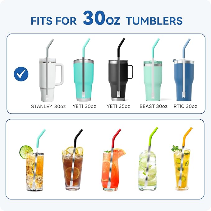Reusable Metal Straws with Silicone Tip for Stanley 30oz,Stainless Steel Drinking Straws for 30oz Tumbler,3 Straight Tubes & 6 Tips& 1 Cleanr Brush (Black)