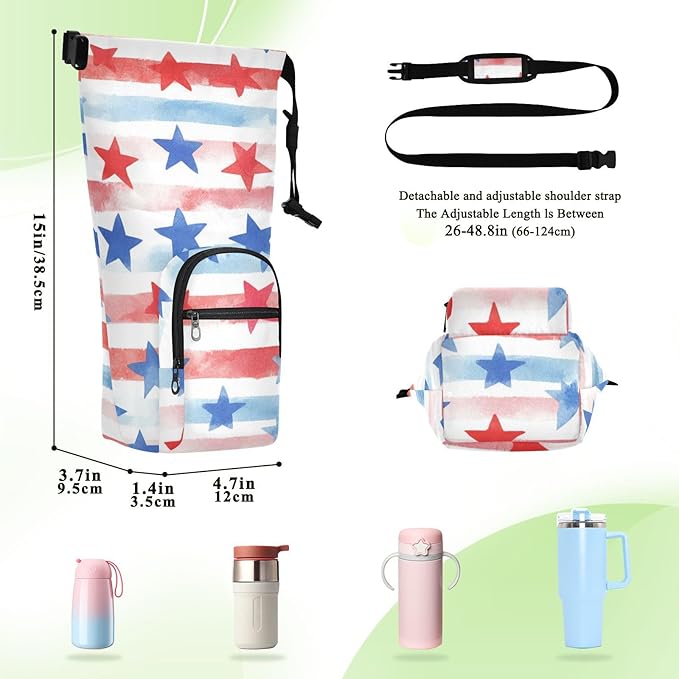 July 4th Stripes Stars White Water Bottle Holder with Strap Insulated Water Bottle Carrier Crossbody Bags Pouch with Phone Pocket for Travel Gym Hiking Walking Running