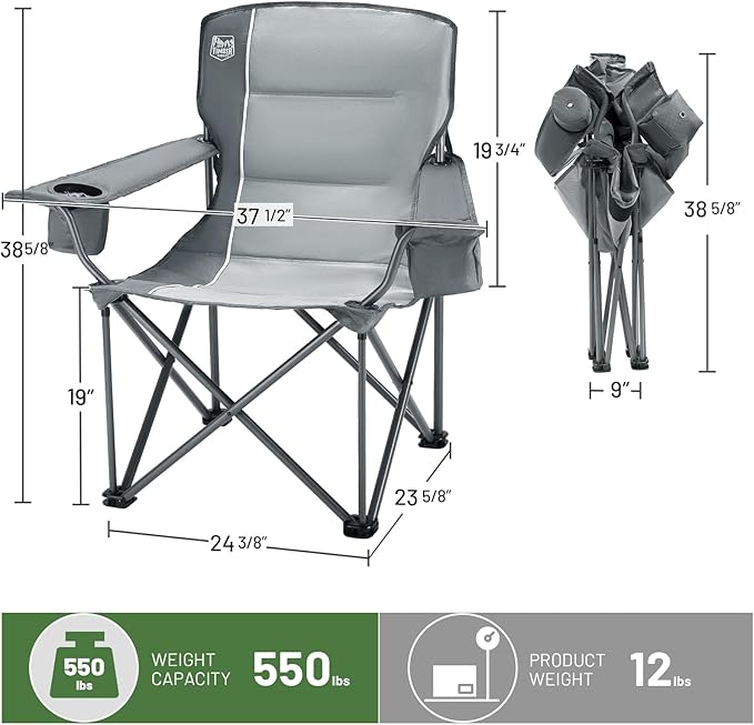 TIMBER RIDGE Oversized Folding Camping Chair for Adults, Support 550 LBS Heavy Duty with Cup Holder Side Pocket for Camping, Lawn, Picnic, Grey