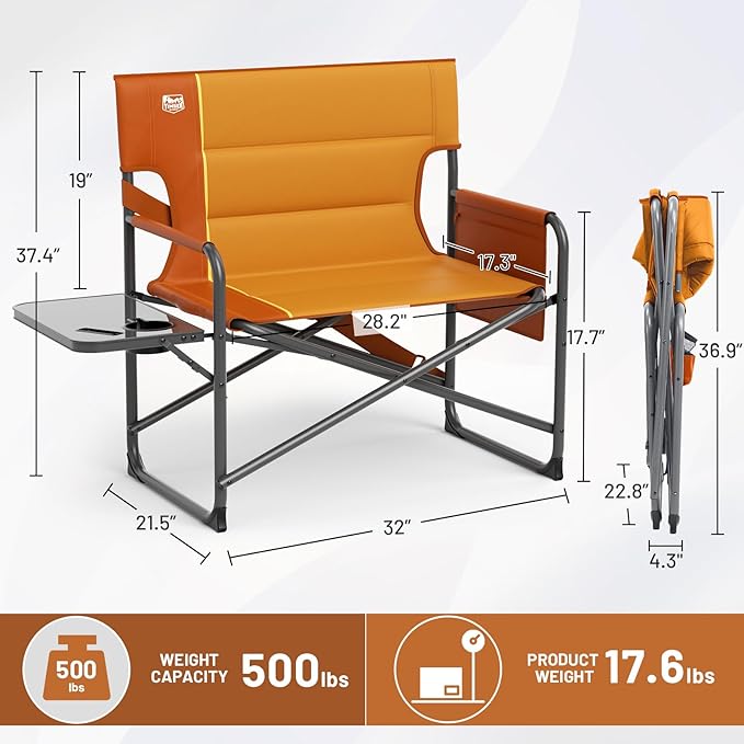 Timber Ridge XXL Director’s Chair – Heavy Duty Folding Chair with Side Table, 500 lb Capacity, Extra Wide Padded Seat for Camping, Sports, Beach, Patio, and Outdoor Use, Orange