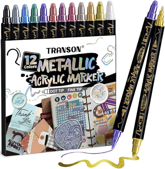 TRANSON 12Colors Metallic Paint Markers Bold and Fine Dual-tip for Rock Wood Ceramic Canvas DIY Painting Drawing