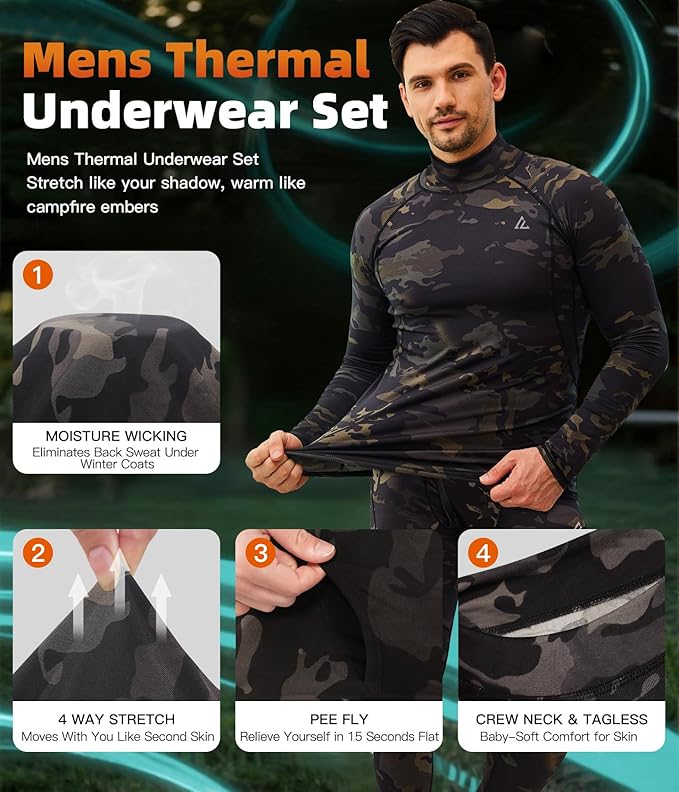 CL convallaria Mens Thermal Underwear Set with Fly Long Johns Base Layer Winter Hunting Gear Sport Top and Bottom