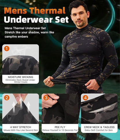 CL convallaria Mens Thermal Underwear Set with Fly Long Johns Base Layer Winter Hunting Gear Sport Top and Bottom