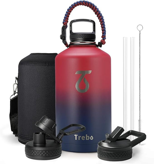 Trebo 1 Gallon Water Bottle Insulated with Paracord Handle and Straw,128oz Vacuum Double Wall Stainless Steel Large Jug,Keep Ice Cold 48hrs, Leakproof Sports Gym Flask for Men Women, Ruby Red