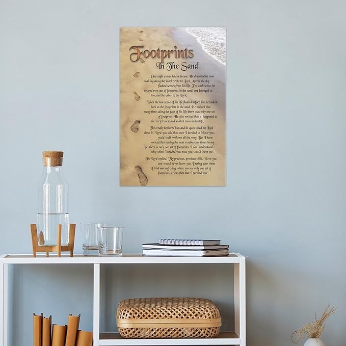 Footprints in the Sand Religious Canvas Wall Art Posters, Inspirational Beach Sunset Poem Print Poster (Unframed 20x30inch, Footprints(3))