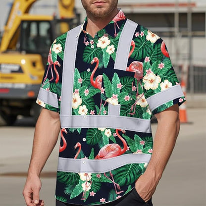 High Visibility Hawaiian Shirt for Men Tropical Shirts Custom Name Floral Outfit Reflective Safety Workwear