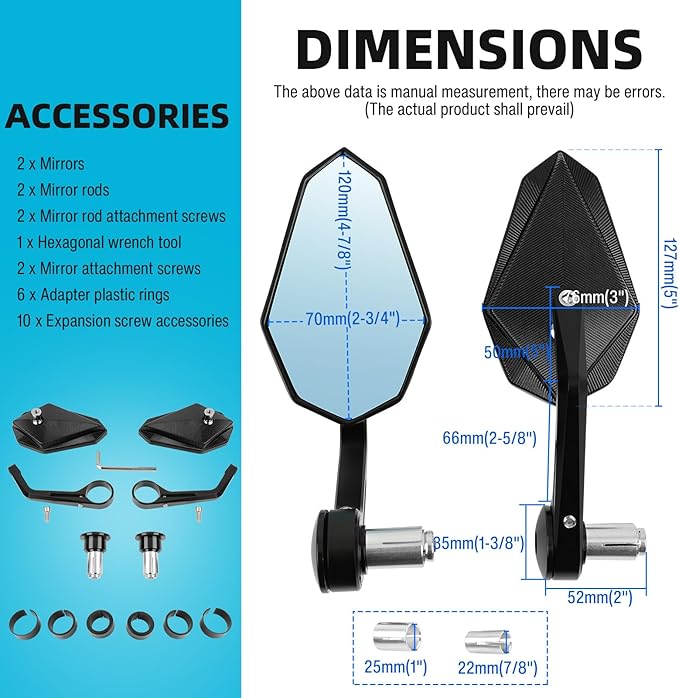 DREAMIZER Motorcycle Bar End Mirrors Black CNC Bar End Mirrors for Motorcycles Compatible with Honda Kawasaki Suzuki Scooter and More (Blue Glass Lens)