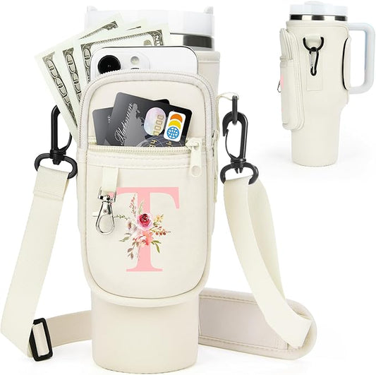 Initial Water Bottle Holder with Strap for Stanley 40 oz Tumbler/Simple Modern 40 oz Tumbler,Water Bottle Carrier Bag with Strap,Personalized A-Z Phone Pocket for Stanley Cup Accessories