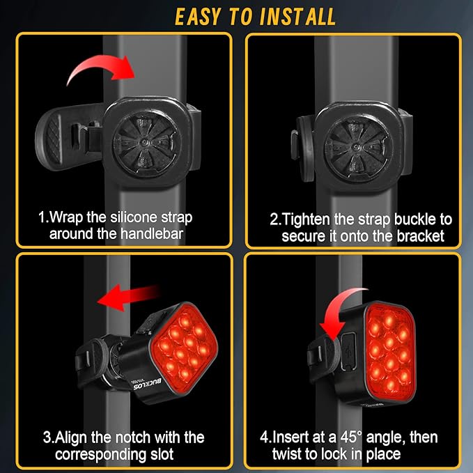 BUCKLOS Bike Lights Front and Back for Night Riding, 10 LED Ultra Bright 8+9 Modes USB Rechargeable Bicycle Headlight and Tail, IPX6 Waterproof 1100mAh Bikes Light Set, 35 Hrs Long Battery Powered