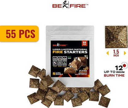 Fire Starter • 55 pcs Natural Fire Starters up to 12 Min Burn Time Firestarters for Indoor Fireplace, Campfires & Camping, Wood Stove, Grill