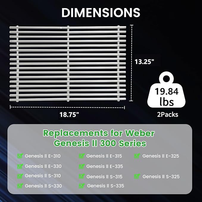 J&YNBBQ Grill Grates Replacement for Weber Genesis II 300 & Genesis II LX 300 Series - 18.75" Stainless Steel Cooking Grid (2 Pack) Fits Models E-310 S-335 CSE-340, Replaces Weber 66095 66805
