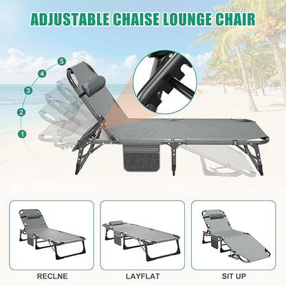 LILYPELLE Folding Outside Chaise Lounge Chair with Mattress, 5 Position Adjustable Patio Reclining Chairs Perfect for Outside, Sunbathing, Camping, Pool, Beach, Grey