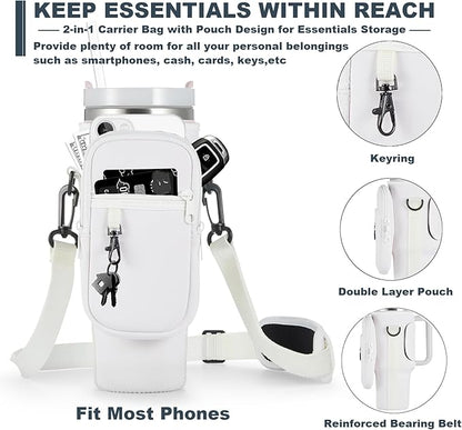 Water Bottle Carrier Bag with Phone Pocket for Stanley 40 & 30 oz Tumbler with Handle,Pink Insulated Neoprene Cup Holder Pouch w/Adjustable Strap for Quencher H2.0 Stanley Cup Accessories