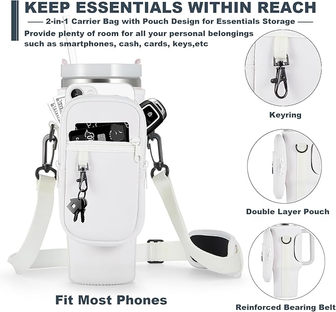 Water Bottle Carrier Bag with Phone Pocket for Stanley 40 & 30 oz Tumbler with Handle,Pink Insulated Neoprene Cup Holder Pouch w/Adjustable Strap for Quencher H2.0 Stanley Cup Accessories