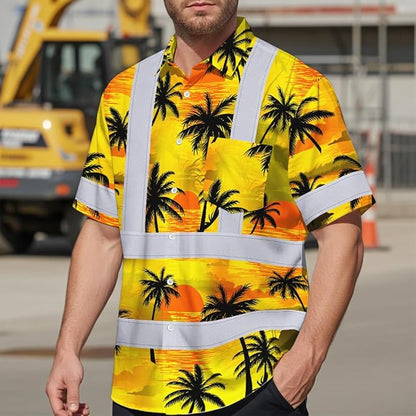 High Visibility Hawaiian Shirt for Men Tropical Shirts Custom Name Floral Outfit Reflective Safety Workwear