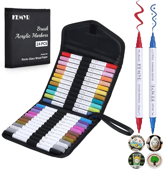 24 Colors Brush & Fine Tip Acrylic Paint Pens, Dual Tip Acrylic Paint Markers for Paper, Wood, Canvas, Stone, Rock, Glass, Fabric, DIY, Ceramic, Art Supplies for Adults Drawing