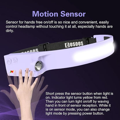 COSOOS LED Headlamp Rechargeable Flashlight, Bright Headlight Adjustable Headband for Women & Girl,1000 Lumen Wide Beam & Spot Light, Motion Sensor, 2.4 oz Lightweight Hiking Camping Essential