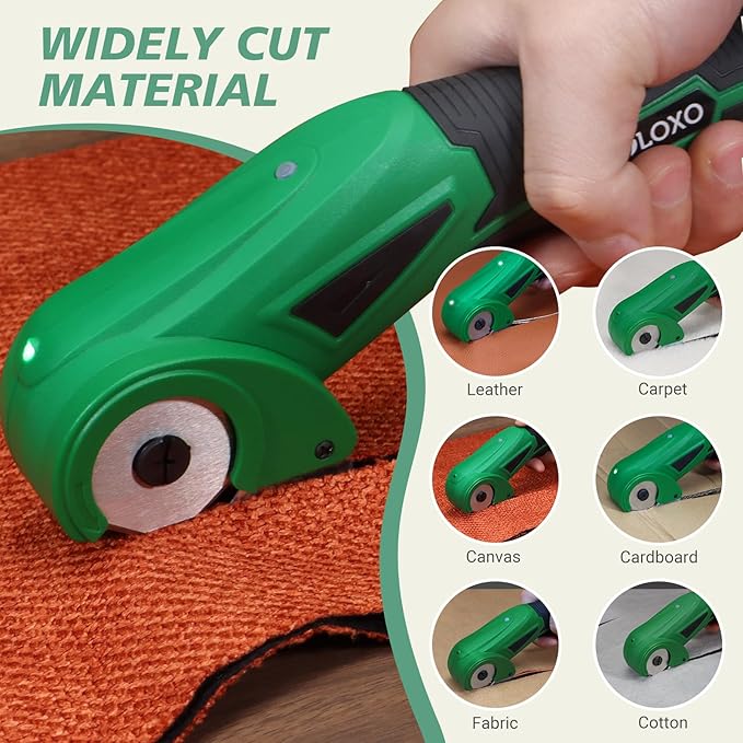 VLOXO Cordless Electric Scissors, 4V Rechargeable Cardboard Cutter with Safety Lock and LED Light Powerful Fabric Mini Cutter Rotary Multi-Cutting Tool for Carpet Leather Felt Storage Box Green