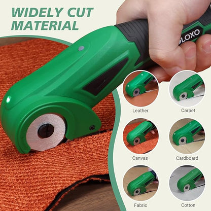 VLOXO Cordless Electric Scissors, 4V Rechargeable Cardboard Cutter with Safety Lock and LED Light Powerful Fabric Mini Cutter Rotary Multi-Cutting Tool for Carpet Leather Felt Storage Box Green