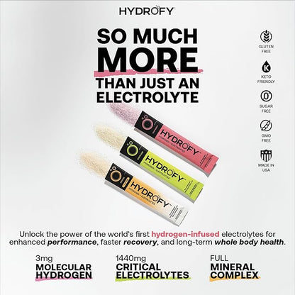 Hydrofy Hydrogen Water + Electrolytes Drink Mix | H2 Hydration Packets with Molecular Hydrogen, Sodium, Potassium, Magnesium, Calcium, and Minerals | No Sugar | Lemon Lime | 25 ct