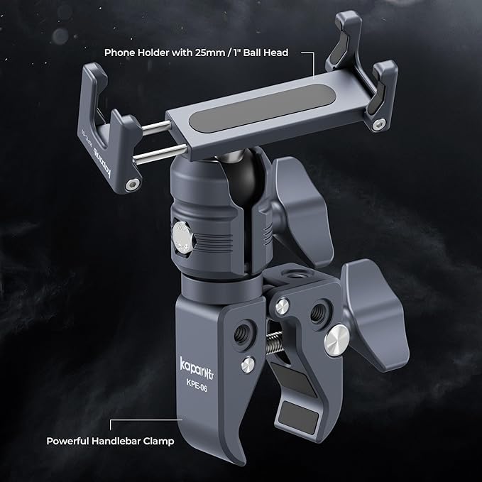 Riding Phone Clip Kit, Dual Knob Single Socket Arm and Aluminium Handlebar Base Mount Strong Rod Clamp, Suitable for Installation in 0.55-1.77” Diameter Steel Round Bar (KPS-07)