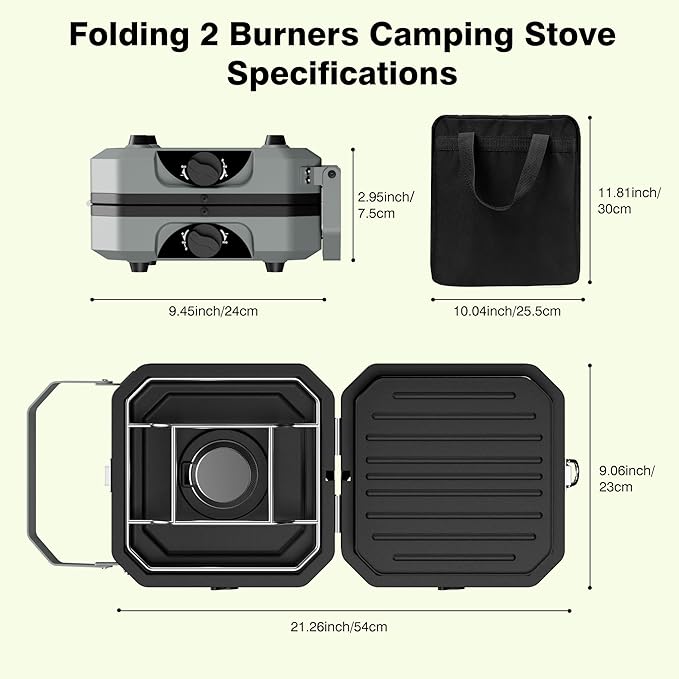 Camping Stove Portable Propane Camp Stove with Independently Adjustable Heat & 2 Burners, Foldable Gas Stove with Carry Bag for Outdoor Cooking,Tailgating & Backyard Gathering（Gray）