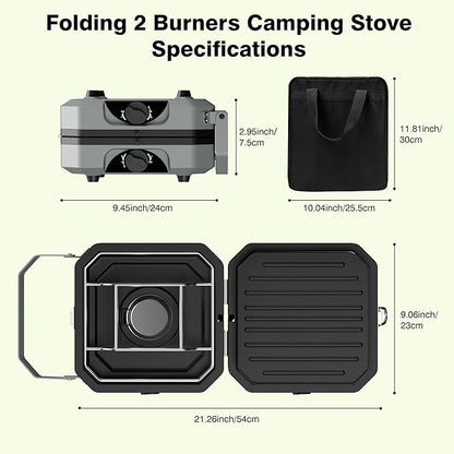 Camping Stove Portable Propane Camp Stove with Independently Adjustable Heat & 2 Burners, Foldable Gas Stove with Carry Bag for Outdoor Cooking,Tailgating & Backyard Gathering（Gray）