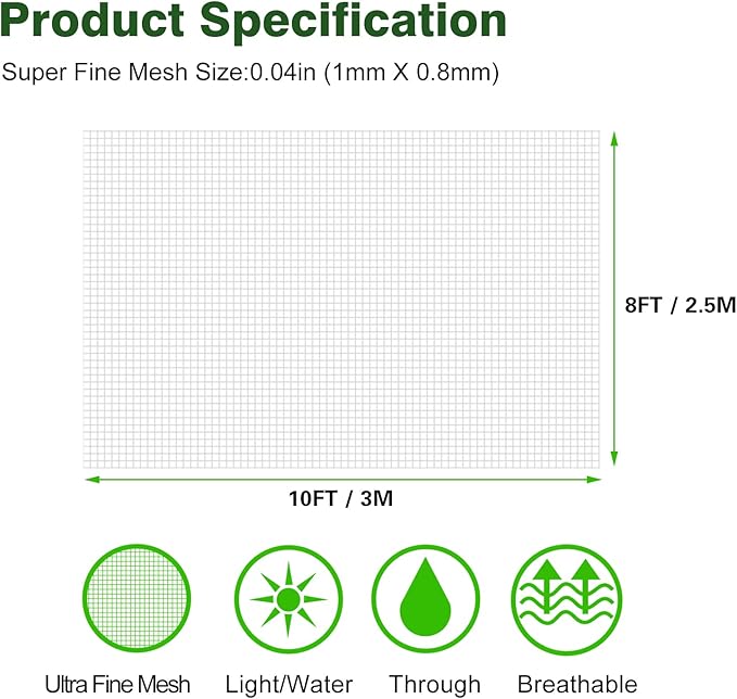 Garden Netting Ultra Fine 8x10Ft, Plant Covers, Barrier Mesh for Plant Vegetables Fruit Flower Tree, Row Cover Raised Bed Protection Net, Bird Screen