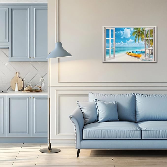 ANRUOXI Beach Wall Art, Window Frame Style Canvas Wall Decor Ocean, Blue Sea & Tropical Palm Tree Coasts Boats Canvas, Paradise Scenery Nature Landscape Painting for Living Room Office Home 24x36 Inch