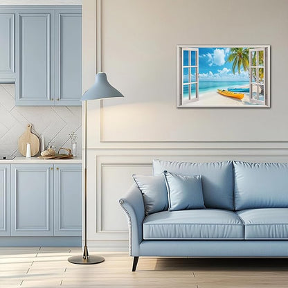 ANRUOXI Beach Wall Art, Window Frame Style Canvas Wall Decor Ocean, Blue Sea & Tropical Palm Tree Coasts Boats Canvas, Paradise Scenery Nature Landscape Painting for Living Room Office Home 24x36 Inch