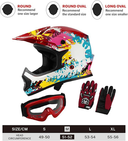 SLMOTO Youth Dirt Bike Helmets DOT Youth Kids Motocross Offroad Street Dirt Bike Helmet Motorcycle ATV Full Face Helmet with Goggles Gloves, Spray Graffiti Medium