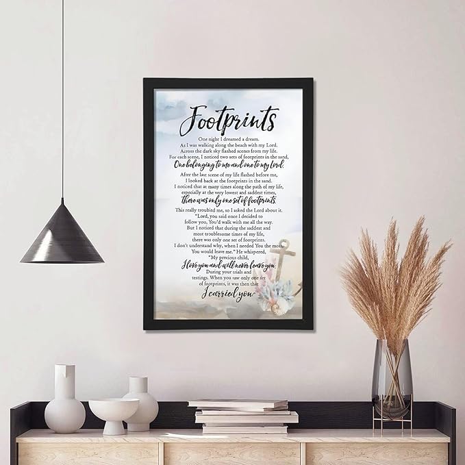 Footprints in the Sand Religious Canvas Wall Art Posters, Inspirational Beach Sunset Poem Print Poster (Black Framed 12x18inch, Footprints(6))