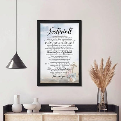 Footprints in the Sand Religious Canvas Wall Art Posters, Inspirational Beach Sunset Poem Print Poster (Black Framed 12x18inch, Footprints(6))