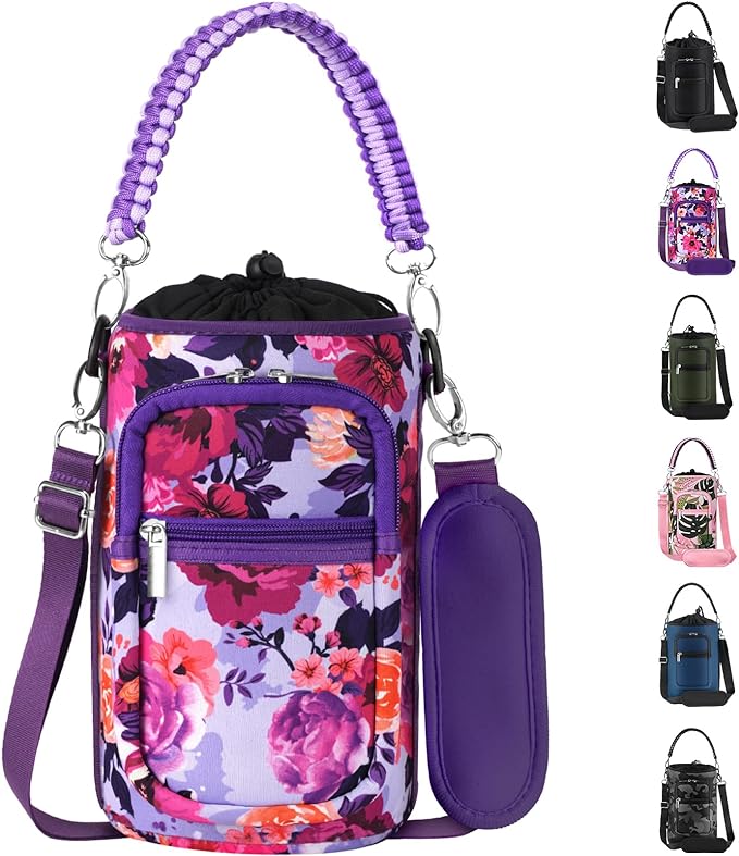 32/40/64/128 oz Neoprene Insulated Water Bottle Carrier Bag, Sling Bag Sleeve Pouch Holder with Strap & Paracord Handle and 2 Pocket for Travelling, Hiking, Camping