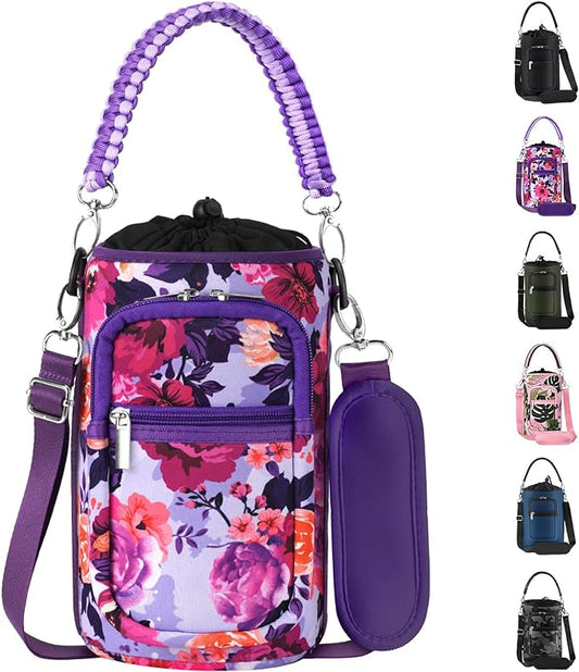 32/40/64/128 oz Neoprene Insulated Water Bottle Carrier Bag, Sling Bag Sleeve Pouch Holder with Strap & Paracord Handle and 2 Pocket for Travelling, Hiking, Camping