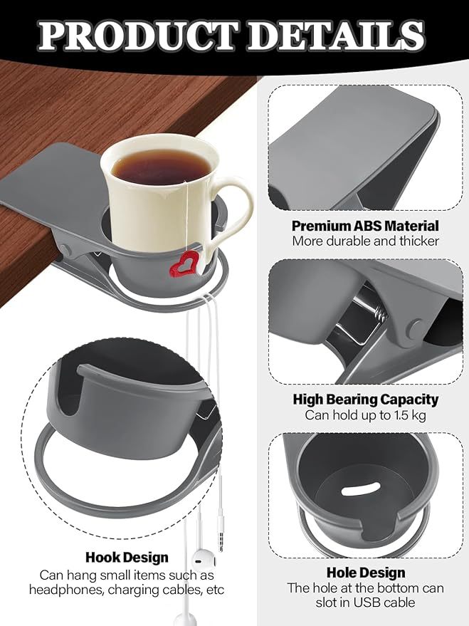 Kalolary 2PCS New Drinking Cup Holder Clip with Groove Table Bottle Cup Stand DIY Glass Cup Clamp Storage Saucer Clip Water Coffee Mug Holder Saucer Clip for Home Desk, Grey