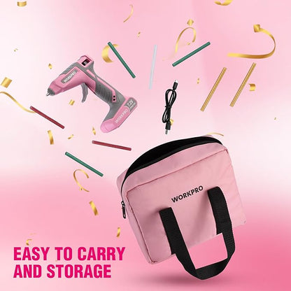 WORKPRO Cordless Hot Glue Gun, 30s Fast Preheating, 7.2V Dual-Temp Glue Gun Kit with 50pcs Glue Gun Sticks, Storage Bag, USB-C Charging Cord, 2600mAh Battery for DIY and Crafting