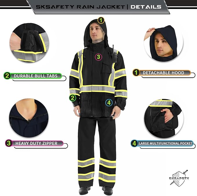 SKSAFETY Hi Vis Reflective Rain suits for Men Waterproof - High Vis Safety Rain Jacket, High Visibility Raincoat for Men