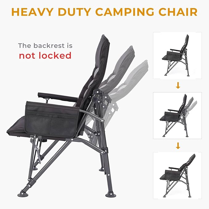 Camping Chairs for Adults, Adjustable Backrest Heavy Duty Oversized Folding Camping Chair Supports 350lbs for Outside with Cup Holder&Side Pocket, Outdoor Folding Camp Chair with High Back (Black)