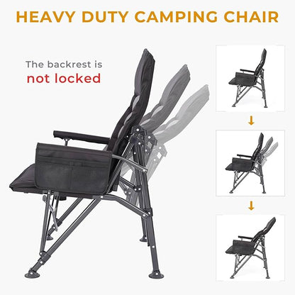 Camping Chairs for Adults, Adjustable Backrest Heavy Duty Oversized Folding Camping Chair Supports 350lbs for Outside with Cup Holder&Side Pocket, Outdoor Folding Camp Chair with High Back (Black)