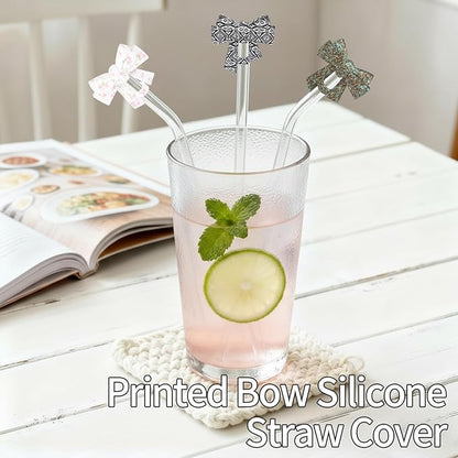 3 Pack Printed Bow Straw Toppers, Silicone 10mm/0.4In Reusable Dust-Proof Straw Cover Caps for Stanley Cup 30&40oz, Tumblers Accessories Gift (3 Colors B)