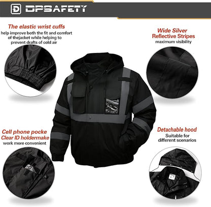 Safety jacket for men,Reflective high Visibility Hooded jacket,Hi-Vis Bomber Jacket with Pockets and Zipper,Waterproof,Black Bottom,ANSI/ISEA 107-2020 Type R Class 3,Black