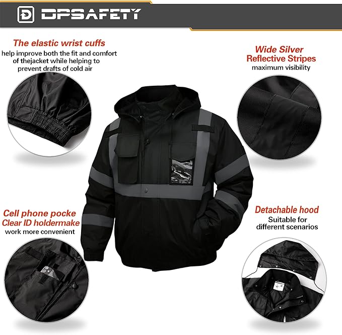 Safety jacket for men,Reflective high Visibility Hooded jacket,Hi-Vis Bomber Jacket with Pockets and Zipper,Waterproof,Black Bottom,ANSI/ISEA 107-2020 Type R Class 3,Black