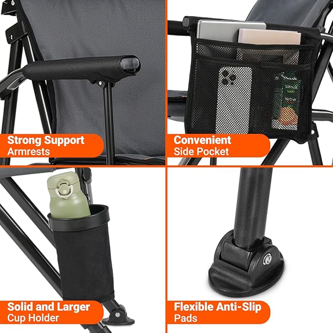 Overmont Back Support Camping Chair for Adults - Oversized with Adjustable High Backrest - Heavy Duty Folding Chair Supports 450 LBS - Cup Holder & Side Pocket – Perfect for Outdoor, Lawn, Beach Use