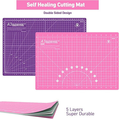 Headley Tools Rotary Cutter Set - 45mm Fabric Cutter, 5 Replacement Rotary Blades, A3 Cutting Mat, Quilting Ruler and Sewing Clips, Craft Knife Set, Ideal for Crafting, Sewing, Patchworking, Pink